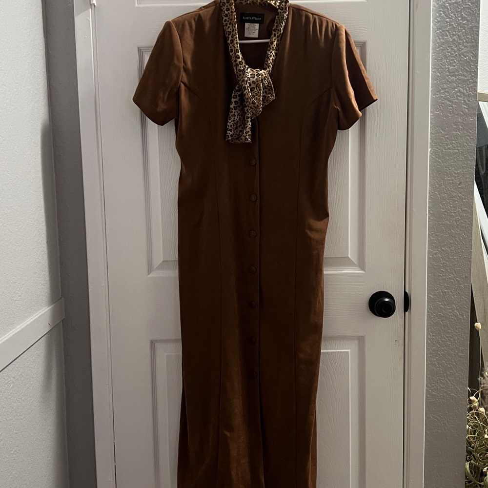 Brown Button-Up Dress with Leopard Print Scarf